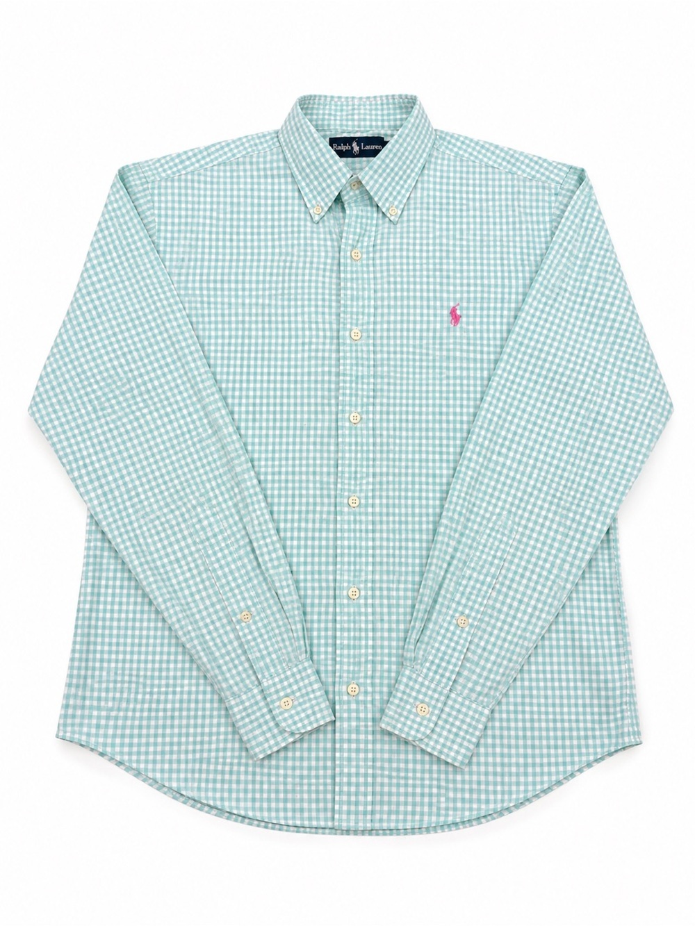 Ralph Lauren Men’s Mint Gingham Button-Down Shirt with Pink Logo